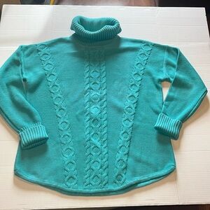 L.L. Bean-XL-turquoise Blue-Cable Knit, chunky,ribbed, cotton,Turtleneck Sweater